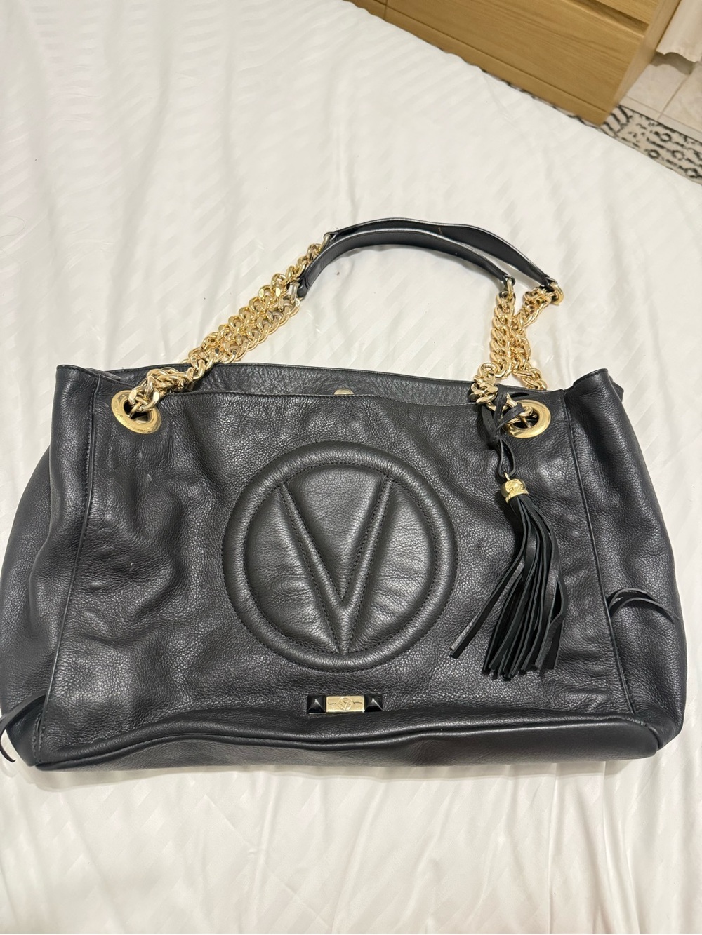 Mario Valentino Black Leather Verra Shoulder Tote with Gold Chain Handles